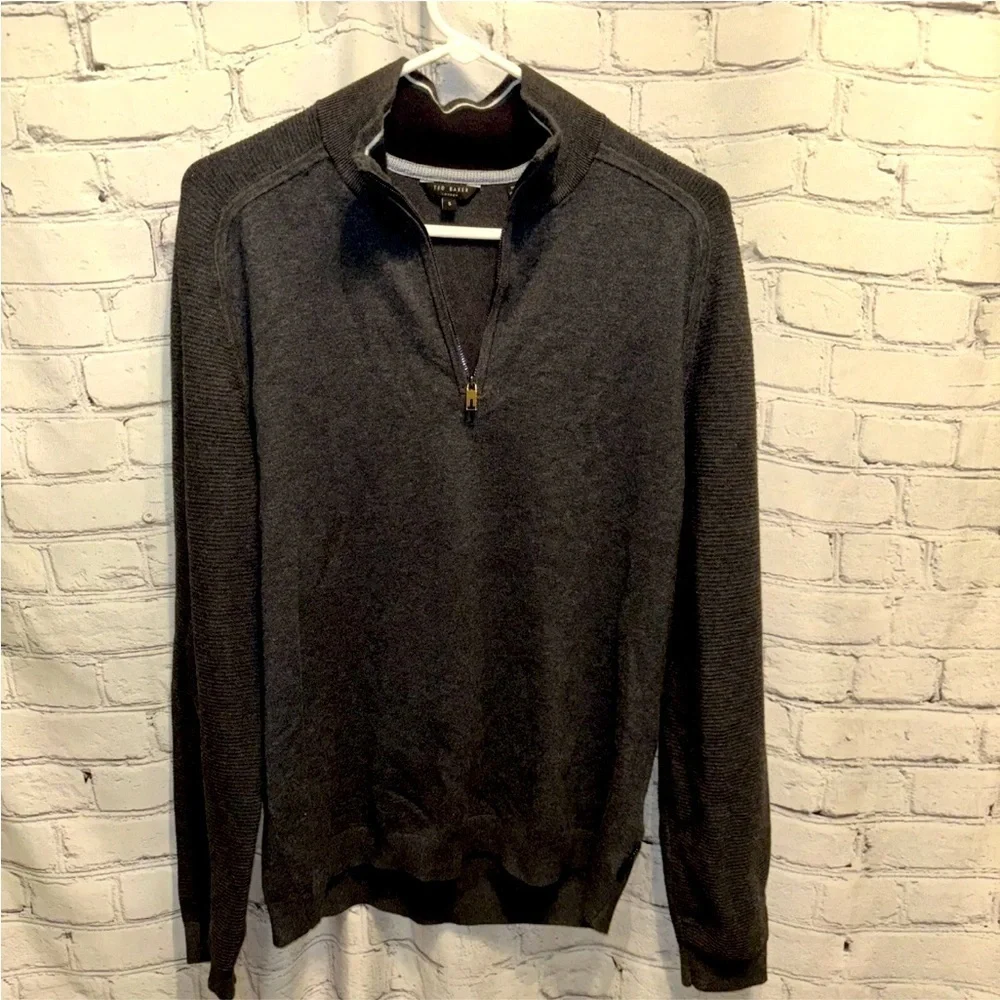 Ted Baker Mens 5 Sweater 1/4 Zip Medium Gray Pullover Long Sleeve Stretch